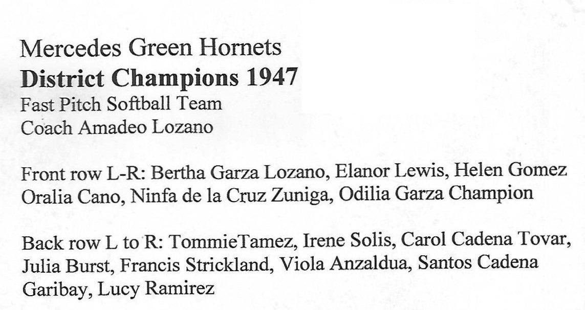 The Mercedes Green Hornets roster. Photo Courtesy Rene Torres