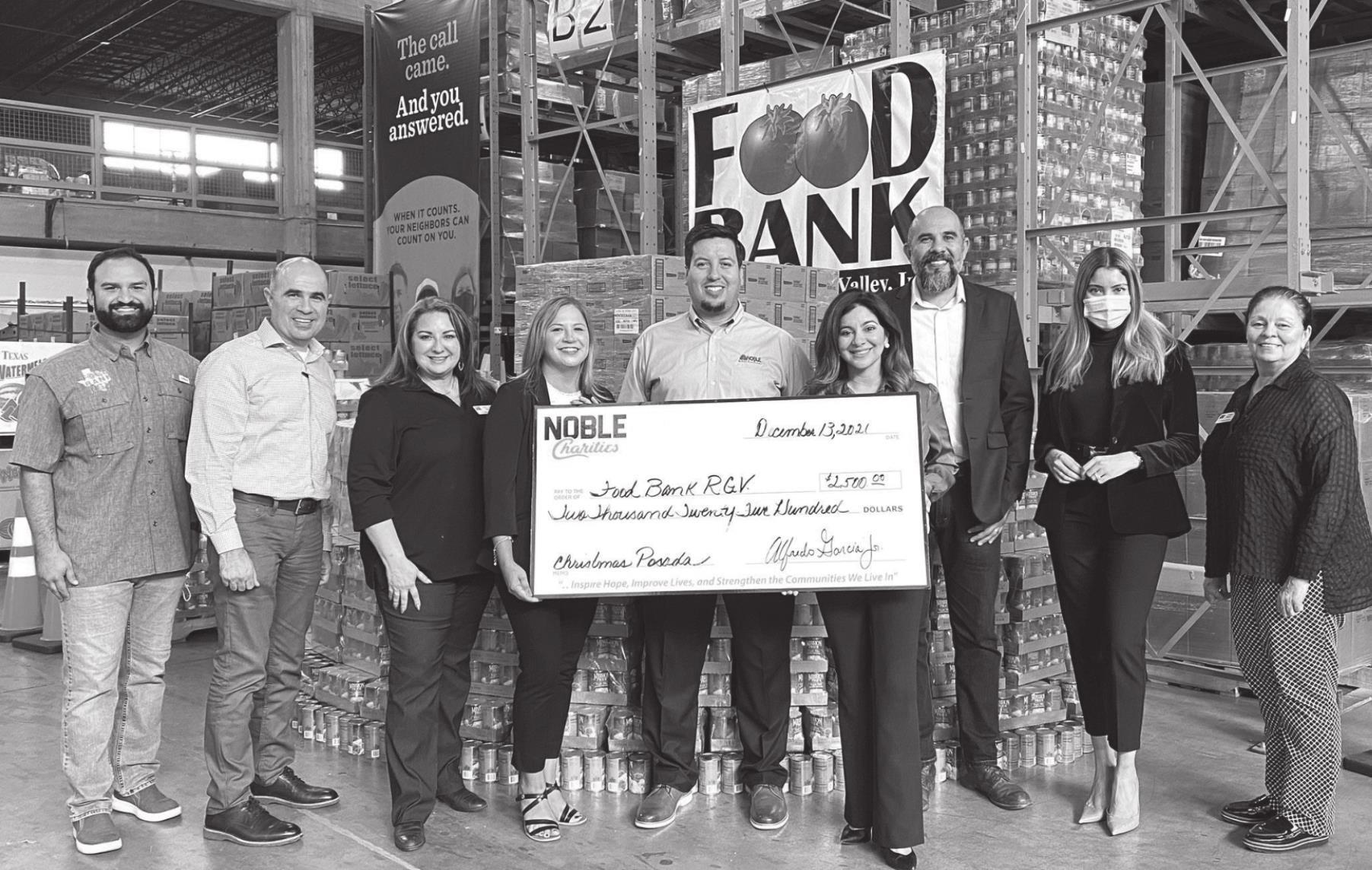 From left to right, Philip Farias, Food Bank RGV Manager of Special Events; Juan Delgado, Noble Vice President; Libby A. Saenz, Food Bank RGV CEO; Saby García, Noble Charities Board Member; Alfredo Garcia Jr., Noble Vice President; Celine Perez, Noble HR