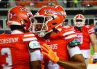 UTRGV’s Aidan Jakobsohn and Alex Green celebrate after a rushing touchdown against McNeese State on Saturday at Robert &amp; Janet Vackar Stadium in Edinburg. P.J. HERNANDEZ/ Advance News Journal