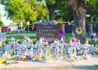 The memorial of the Uvalde school shooting is displayed at Robb Elementary School on June 10, 2026. The crosses honor the 19 students and two teachers who were killed. BLAINE YOUNG/ The Texas Tribune