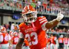 PHOTOS BY P.J. HERNANDEZ/ Advance News Journal Above: Jaiden Haygood, linebacker for the University of Texas Rio Grande Valley, points to the student section after getting an interception against Southeastern Louisiana on Saturday at Robert and Janet Vack